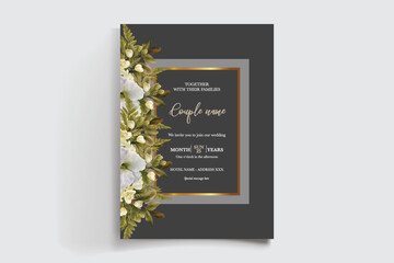 WEDDING INVITATION FRAME WITH FLOWER DECORATIONS AND FRESH LEAVES