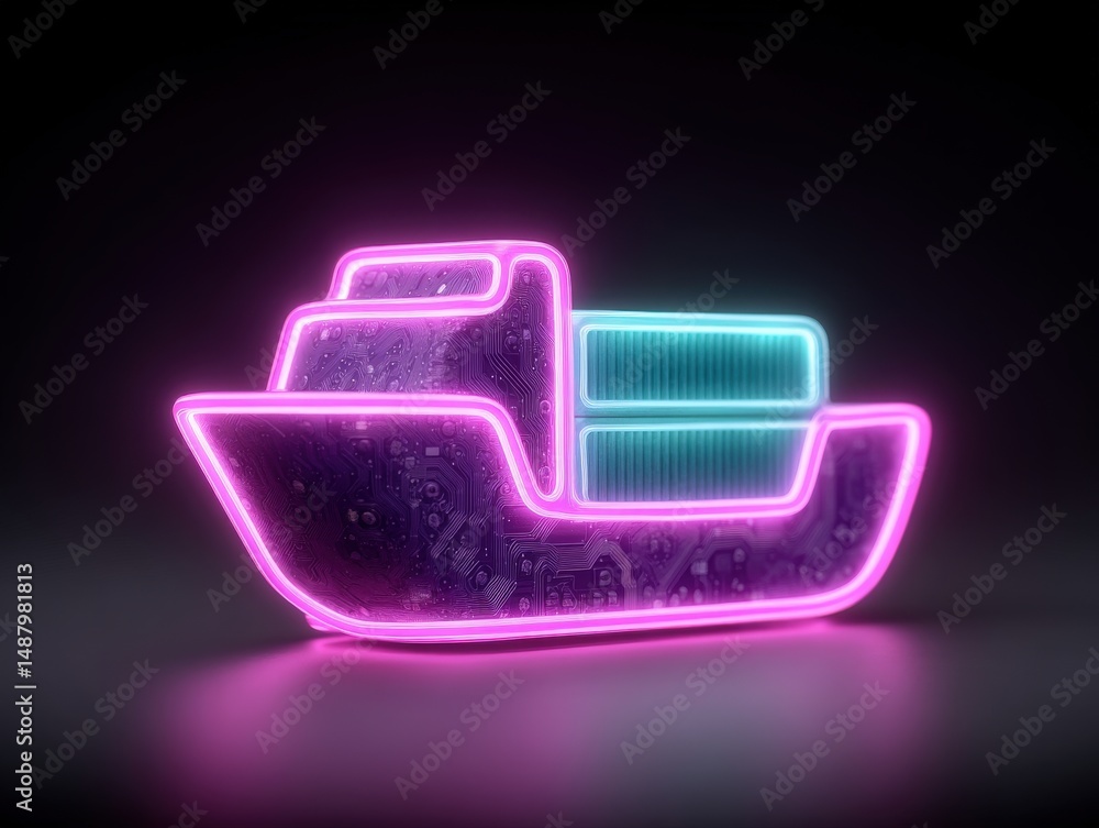 Poster futuristic cargo ship design illuminated with vibrant neon colors showcasing circuit patterns repres