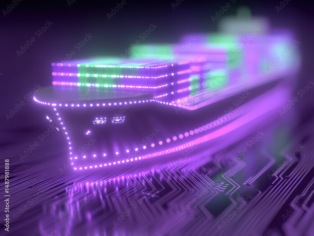 Poster futuristic cargo ship illuminated with vibrant lights navigating through intricate digital circuits 
