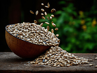 Obraz premium A bowl overflowing with sunflower seeds, capturing the essence of natural harvest.