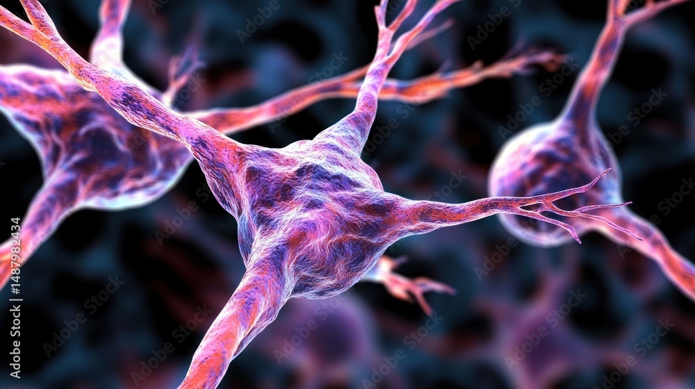 Poster close-up of vibrant neurons in a neural network, showcasing intricate connections and activity