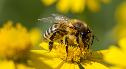 Bee's Delight on Yellow Flower: A close-up image captures the captivating essence of a bee delicately perched on a yellow flower, absorbed in collecting nectar.
