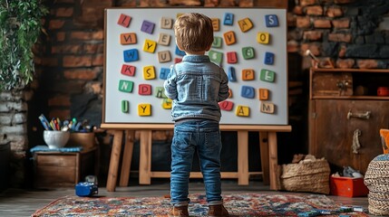A child plays with colorful magnetic letters on a whiteboard, fostering early learning and creativity in a bright, engaging environment.