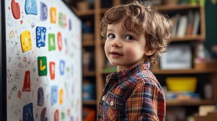A child plays with colorful magnetic letters on a whiteboard, fostering early learning and creativity in a bright, engaging environment.