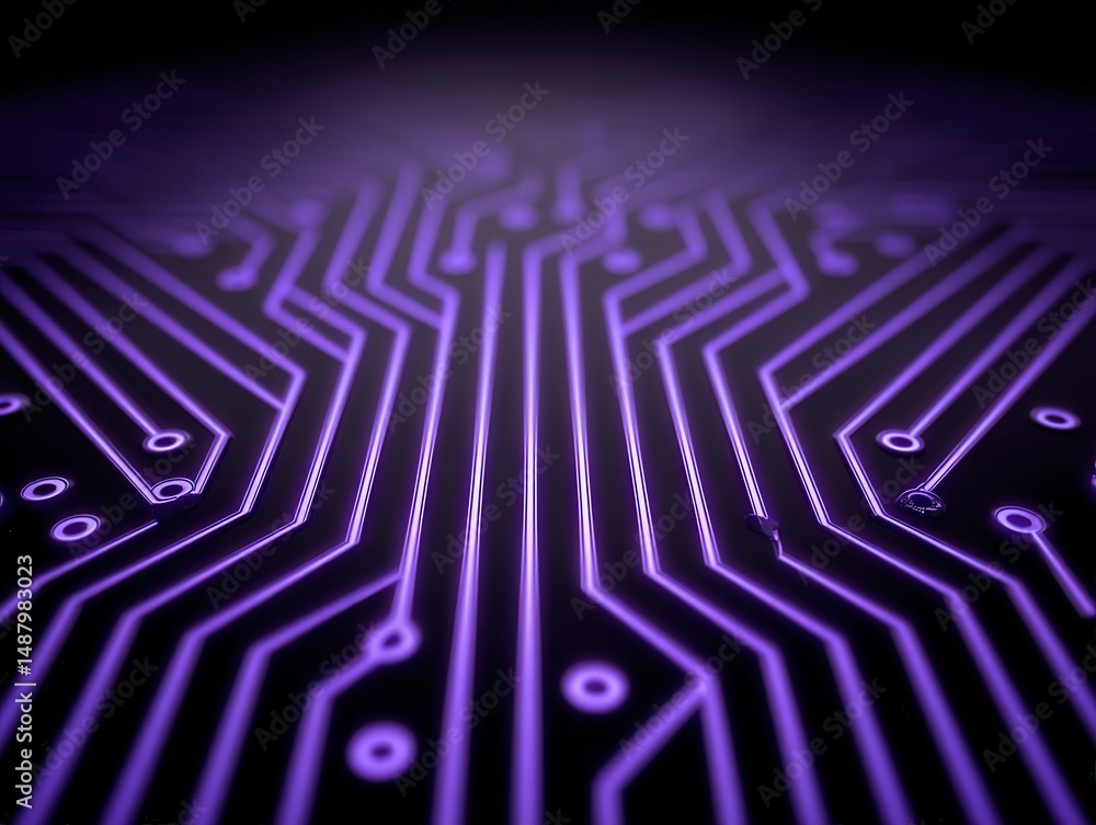 Poster high-tech purple circuit board design showcasing intricate pathways and connections illuminated in a