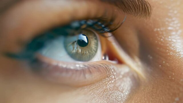 Extreme close-up of woman's eye with blue eyeliner blinking slowly. The detailed shot reveals her iris texture, delicate eyelashes, and makeup as she closes and reopens her eye with deliberate motion.