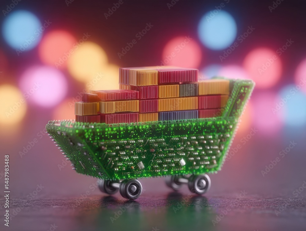 Poster innovative cart design showcasing vibrant cargo represented through microchips symbolizing the inter