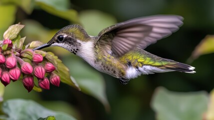 Fototapeta premium Vibrant hummingbird feeding on pink flowers in a lush garden, showcasing nature's beauty