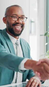 Funding, business and man shaking hands in agreement for greeting, meeting or partnership. .Negotiation, investment offer or investor with advisor for B2B support, handshake or recruitment deal