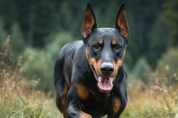 Alert Doberman pinscher strides forward through grassy field with open mouth and ears erect in outdoor setting