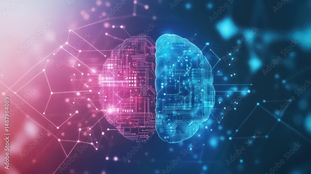 Poster intricate brain with embedded circuitry symbolizing the fusion of neuroscience and technology in a m