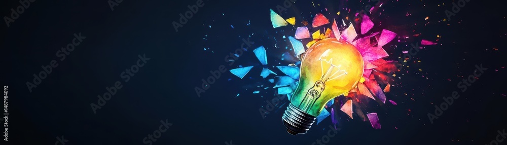 Poster vibrant and colorful light bulb shining brightly against dark background with intricate broken glass