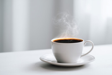 Steaming hot coffee in white mug on table