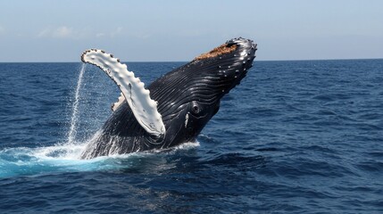 Fototapeta premium Humpback whale breaching the ocean surface, showcasing its majestic form against a clear sky