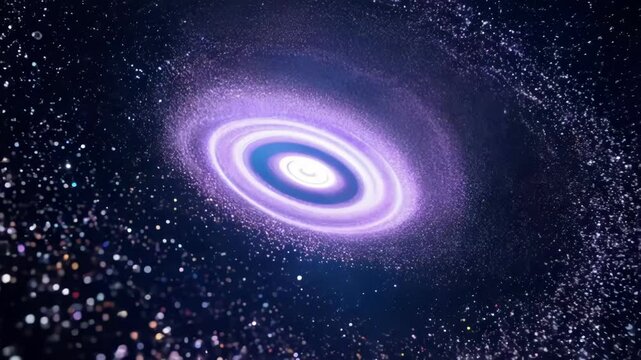 A luminous spiral galaxy glows with vibrant purple and blue light against the dark cosmos. The galaxy gradually brightens and intensifies as the spiral arms become more defined and brilliant.
