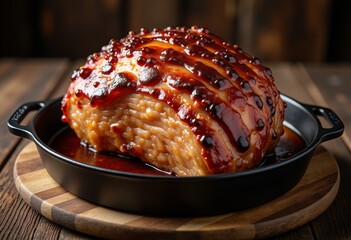 Fototapeta premium Oven-baked ham with brown sugar glaze in a cast iron skillet 