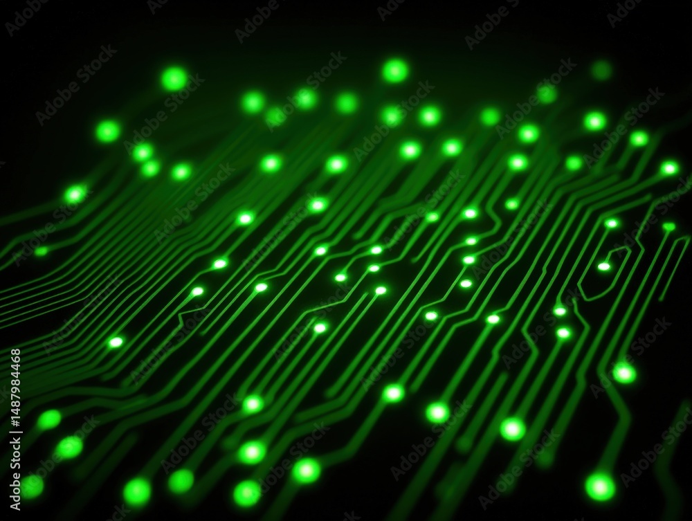Poster illuminated green circuit board pattern demonstrating advanced technology with glowing connections a