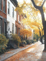 Digital illustration of a street in a residential neighborhood during autumn. the street is lined with brick buildings on both sides, with a row of terraced houses on the left side.