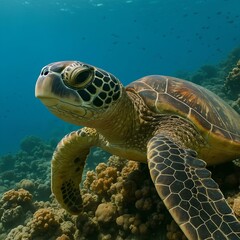 Obraz premium Sea turtle close up near coral reef underwater