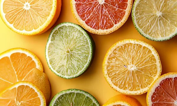 Bright Citrus Fruit Slices Displayed on a Yellow Background Offering a Refreshing and Healthy Treat