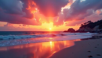 Vibrant sunrise paints the coastal sky with warm hues , pink, sea