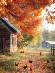 Beautiful landscape of a rural area during autumn. the sky is blue and the trees are covered in orange and yellow leaves, creating a warm glow.