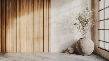 Interior design scene with wooden paneling and natural light.