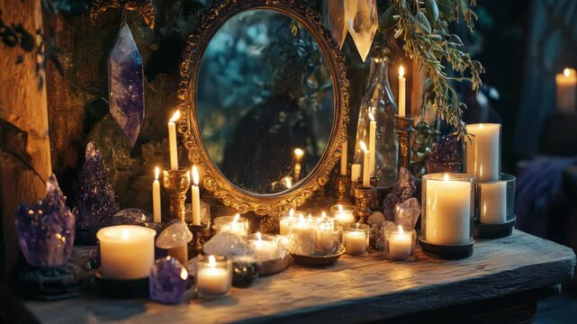 Enchanting Scrying Mirror Setup with Candles on Wooden Table Surrounded by Crystals for Mystical and Magical Decor