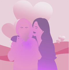 Happy Mother's Day. Vector illustration. Daughter congratulates mother and hugs her. Mother and daughter smile and hug. Family holiday and togetherness.