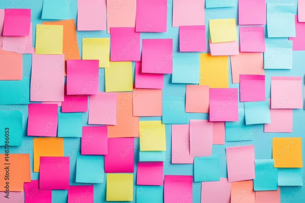 Poster vibrant colorful sticky notes artfully arranged on a wall creating a dynamic and creative workspace 