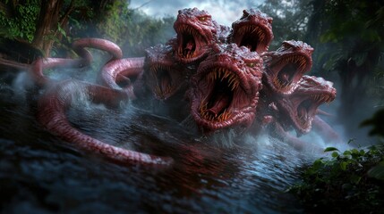 Multi-headed creature emerging from a misty river in a dense, mythical forest setting