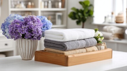 White table with bath towels and flowers on wooden tray Spa decor with space for text