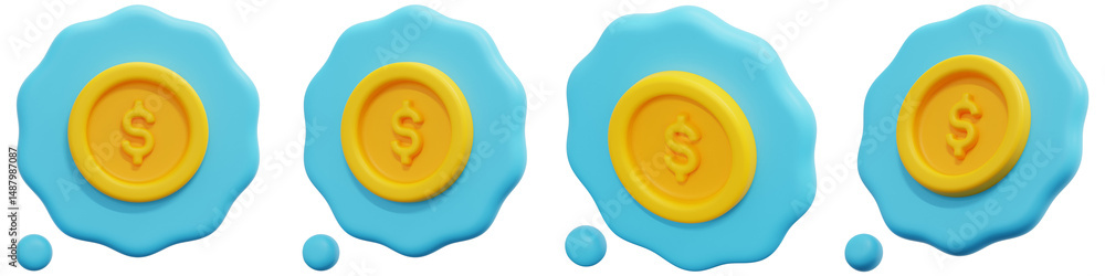 Poster set of colorful coins on blue surface with dollar symbol for commerce visuals 3d render icon illustr