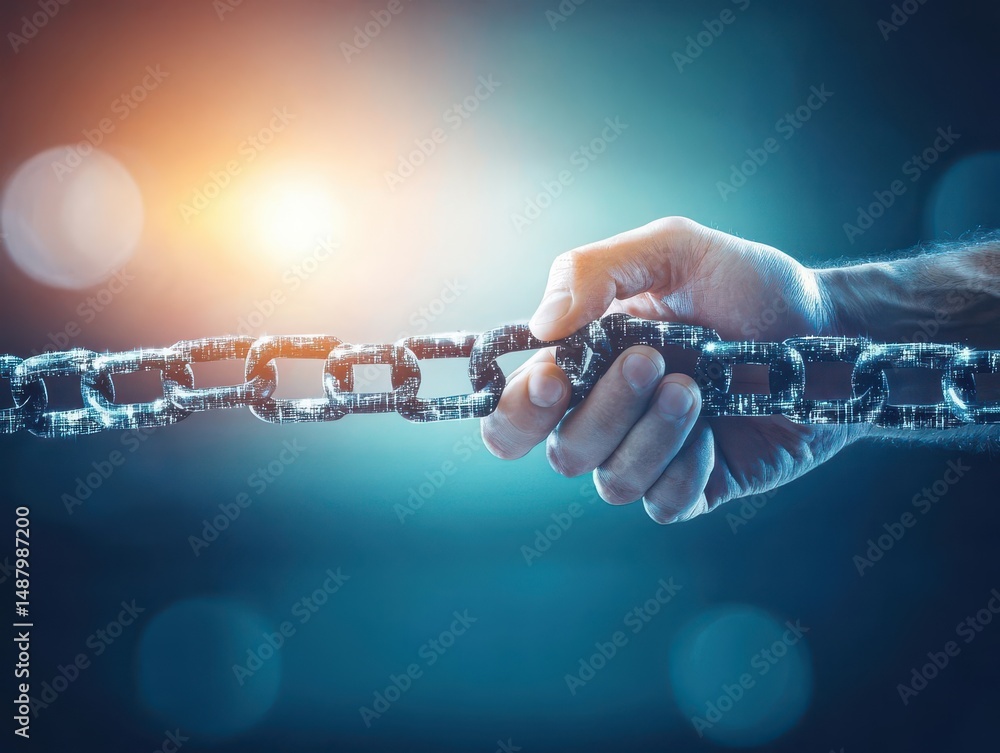 Poster a hand gripping a chain with soft light illuminating the background creating an intimate and reflect