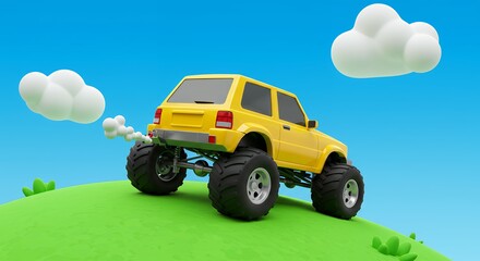 Yellow monster truck climbing hill