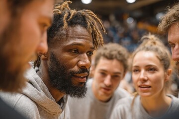 Obraz premium African American Athlete in Huddle with Diverse Teammates for Team Strategy Before Game or Discussing Tactics
