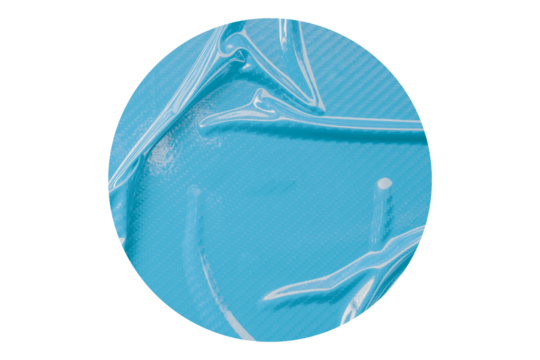 Light blue circle sticker with crumpled edges. Wrinkled round paper isolated on transparent background.