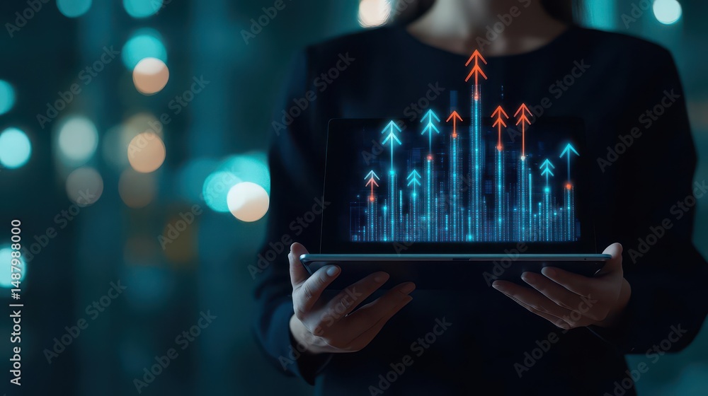 Poster focused businesswoman analyzing data on tablet displaying graphs and charts in modern office setting