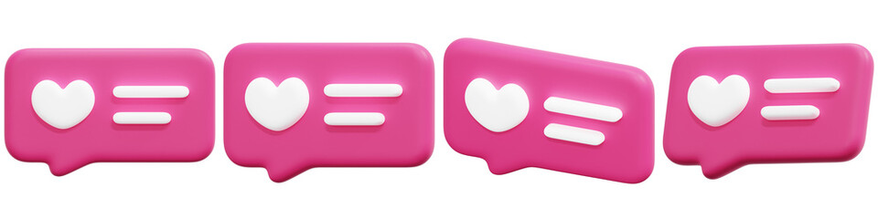 Set of Pink Speech Bubbles with Heart Icons for Social Media Communication 3d Render Icon Illustration