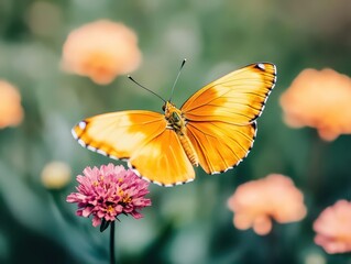 A Beautiful Butterfly Perched Gracefully on a Vibrant Flower Surrounded by Lush Green Foliage in a Bright and Lively Natural Garden Setting