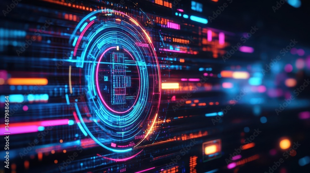Poster vibrant futuristic background featuring a dynamic circular shape surrounded by abstract patterns and