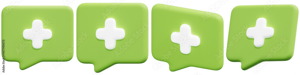 Poster set of green speech bubbles with plus signs for messaging applications 3d render icon illustration