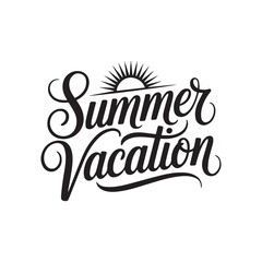 Summer vacation lettering logo with sun vector illustration. Summer label, tag, logo, hand drawn lettering for summer holiday, travel, beach vacation. Summer vacation typography 