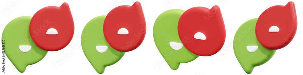 Poster set of colorful speech bubbles in red and green for communication concept 3d render icon illustratio
