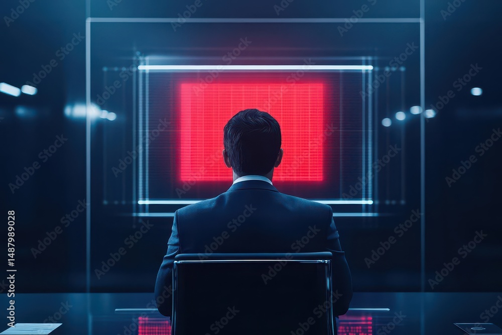 Poster professional man in formal suit seated at desk illuminated by soft red light portraying a reflective