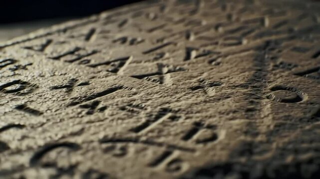 Ancient stone tablet with cuneiform writing. Mesopotamian artifact closeup. Historical archaeological discovery. Sumerian or Babylonian text. Assyrian culture relic.