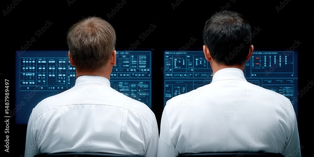 Poster two professionals in formal white shirts focus intently on multiple digital interfaces illuminating 