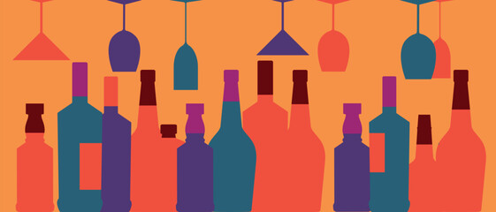 Collection of alcohol, wine, brandy, liqueur, beer, flat style. Design banner restaurant, bar, menu, wine list, cognac, chardonnay, sauvignon