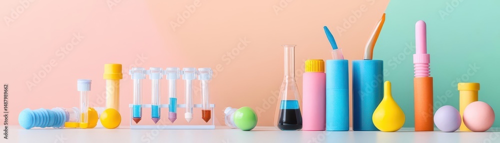 Poster vibrant display of colorful plastic bottles and tubes arranged neatly on a bright background showcas