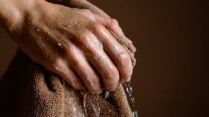 Closeup of hands squeezing wet cloth against brown background Realistic towel texture and moisture detail